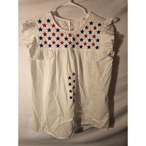 New‎ Womens Large White Ruffle Frilly Top beach vacation Stars Pattern Red Blue